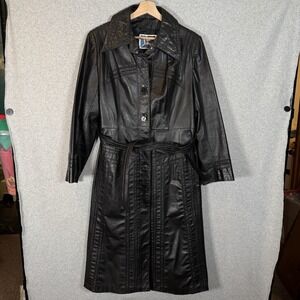 Vintage leather trench jacket womens medium black maxi tie suburban heritage 90s